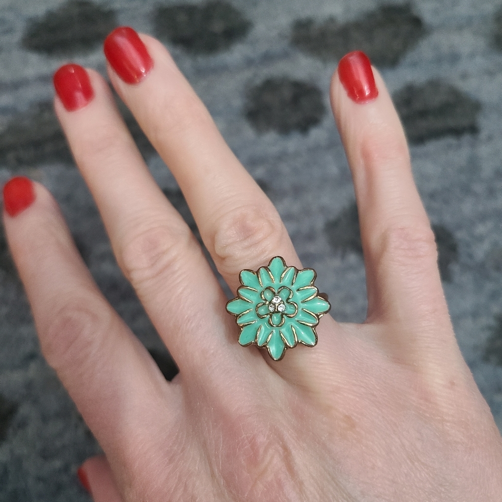 Gold Tone and Teal Enamel Flower Ring Adjustable